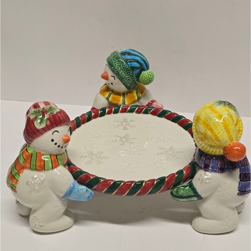 Fitz & Floyd Frosty Folks Snowmans Pillar Candle Holder Christmas Collectible